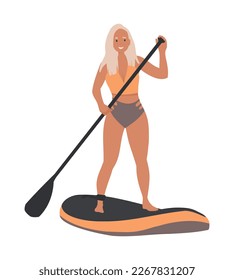 Sup surfer Woman on paddle board. Woman with paddle, cartoon flat vector illustration isolated from background. Sup paddling woman character. Paddle boarding concept