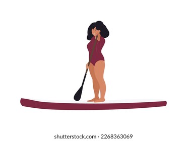 Sup surfer Woman on paddle board. Woman with paddle, cartoon flat vector illustration isolated from background. Sup paddling woman character. Paddle boarding concept