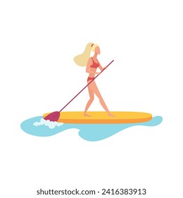 Sup surfer woman standing on paddle board to ride sea or ocean waves vector illustration