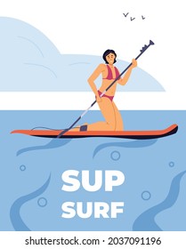 SUP surfing banner or card template with pretty young woman in swimsuit on paddle board, flat cartoon vector illustration. Summer sport and beach recreation activity.