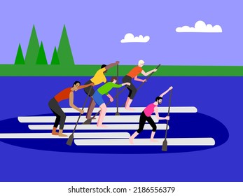 Sup surfing competitions. World Championship. Vector flat illustration.