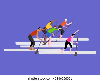 Sup-Surfwettkämpfe. Die Weltmeisterschaft. Männer schwimmen. Vektorflache Illustration. Einzelbild.