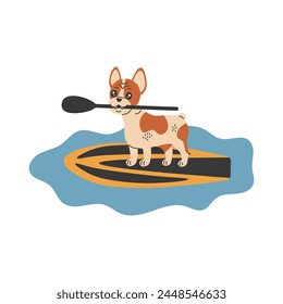 Sup surf Ilustración vectorial de perro. Caricatura Bulldog francés sostiene un remo en los dientes y de pie en el agua