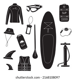 Sup surfing equipment set in doodle style. Vector illustration on white background
