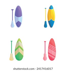 Sup surfing icons set cartoon vector. Various inflatable sup board with paddle. Beach watersport