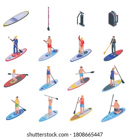 Los iconos de surf de Sup se configuran. Conjunto isométrico de iconos vectoriales sup surf para el diseño web aislado en fondo blanco