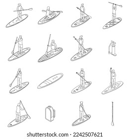 Sup surfing icons set. Isometric set of sup surfing vector icons for web design isolated on white background outline