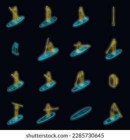 Sup surfing icons set. Isometric set of sup surfing vector icons neon color on black