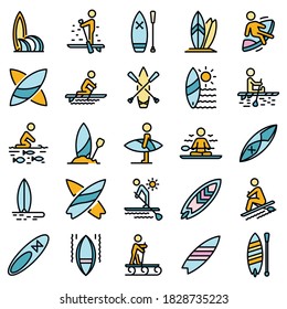 Sup surfing icons set. Outline set of sup surfing vector icons thin line color flat on white