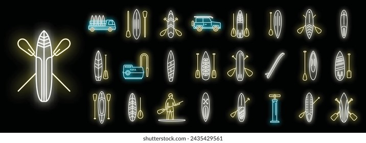 Sup surfing icons set outline vector. Surf board. Puddle gear neon isolated