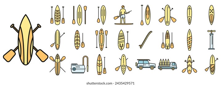 Sup surfing icons set outline vector. Surf board. Puddle gear color line isolated