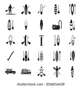 Sup surfing icons set simple vector. Surf board. Puddle gear