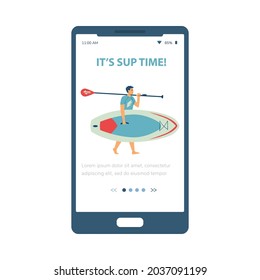 SUP surfing onboarding mobile screen template with man carrying paddleboard, flat cartoon vector illustration. Stand up paddling sport and beach activity app start page.