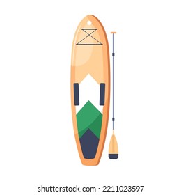 SUP water board with paddle. Standup paddleboarding, summer beach sport activity. Long stand-up surfboard with rounded nose. Flat vector illustration isolated on white background