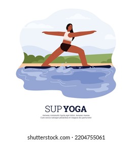 SUP yoga banner or poster, emblem for water sport activity template, sport workout on paddle board flat cartoon vector illustration isolated on white background.