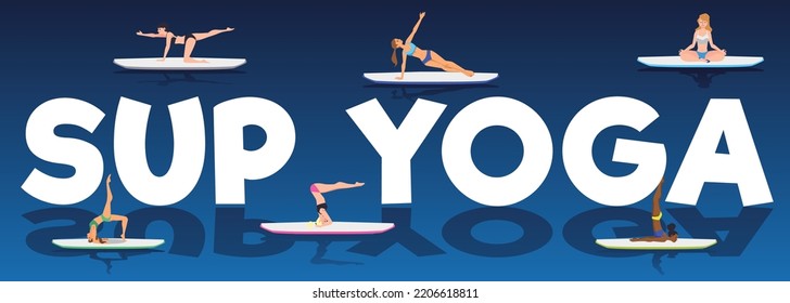 SUP yoga banner template with people doing sport workout on paddle board, flat cartoon vector illustration. Paddleboard or SUP yoga banner background.