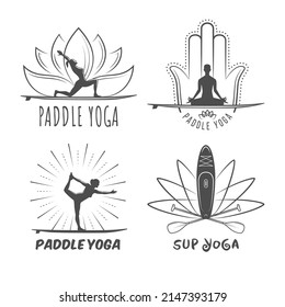 Sup yoga logos. Set of vintage stand up paddle yoga badges with training people silhouettes and sup boards.