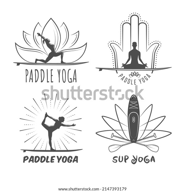 Sup yoga\
logos. Set of vintage stand up paddle yoga badges with training\
people silhouettes and sup\
boards.