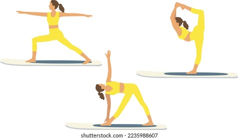 SUP yoga set. Women do various asanas and exercises on a surfboard. A woman practices yoga on the water. Standing yoga workout. rowing sap yoga on a board with a paddle.