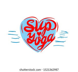 Sup Yoga vector lettering with heart and waves.