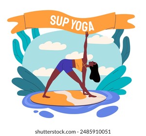 Sup yoga woman. Young girl stretches on surfboard. Active lifestyle and extreme sports. Gynastics for surfers. Sea or ocean activity. Cartoon vector illustration isolated on white background