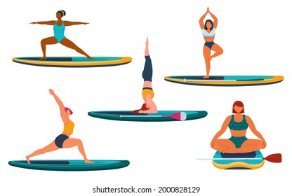 SUP Yoga. Mujeres haciendo diferentes asanas y ejercicios en una tabla de remo. Ilustración del vector  