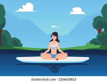 SUP yoga workout with woman doing meditation on paddle board, flat cartoon vector illustration. Seascape with woman practising Paddleboard or SUP yoga.