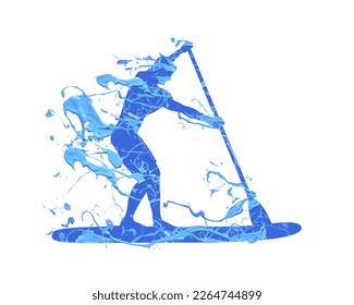 Supboarding vector icon. Man on sup board silhouette of blue paint