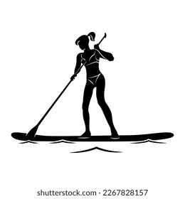 Supboarding vector icon. Woman on sup board silhouette black on white