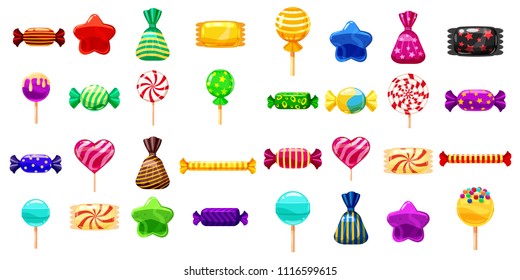 Supe set of different sweets on white background hard candies dragee jelly beans peppermint candy. Vector illustration,