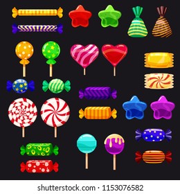 Supe set of different sweets on black background hard candies dragee jelly beans peppermint candy. Vector illustration,