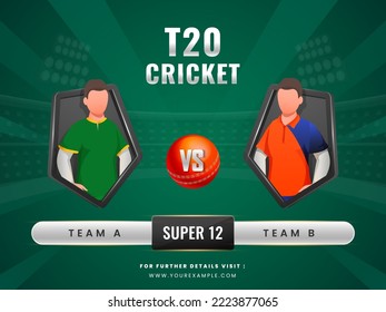 Super 12 T20 Cricket Match Between Team A VS B (South Africa VS Netherlands) With Faceless Cricketer Players On Green Stadium View Background.