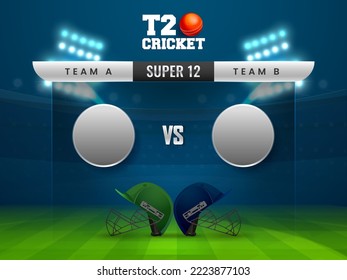 Super 12 T20 Cricket Match Between Team A VS B With Empty Round Frame, Realistic Attire Helmets On Blue And Green Glassmorphism Stadium Background.