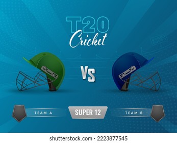 Super 12 T20 Cricket Match Concept With Realistic Attire Helmets Of Participating Team A VS B On Blue Background.