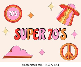 Super 70's set. 1970 vibes illustrations. Retro line vector stickers. 1970s vibe. Hippie illustrations