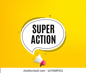  Súper símbolo de acción. Banner megáfono con burbuja de chat. Indicador de precio de oferta especial. Símbolo de descuentos publicitarios. Altavoz con burbuja de habla. Texto de promoción de super acción. Cartel de los medios sociales. Vector
