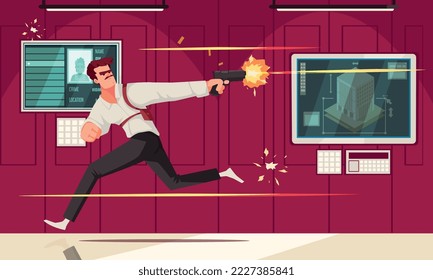Super agent cartoon poster with man running and shooting with a gun vector illustration