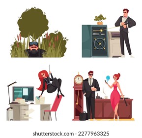 Super agents cartoon composition set with male and female superheroes on secret missions isolated vector ilustration