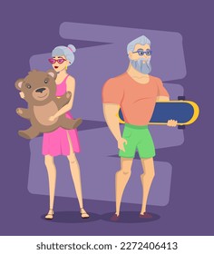 Super Agers disfrutando de la ilustración del vector de vida. Personas mayores sanas y fuertes sosteniendo osos de peluche y patineta, de pie sobre fondo morado. Super Agers, longevidad, concepto de calidad de vida