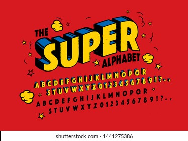 The SUPER Alphabet. 3d Effect Design Letters and Numbers. Retro Comic Typography. Hand Drawn Style Vector Font. 