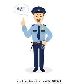 Super angry policeman on white background with bad word.
