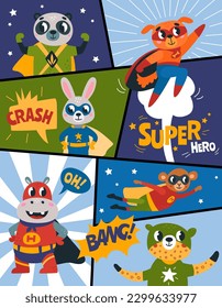 Super animal baby comic page template. Animals superheroes in cape and mask graphic poster. Children hero classy vector banner or background