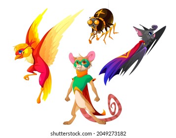 Super animals with cape and mask. Funny characters in hero costume. Vector cartoon set of cute bat, mouse, bird and spider in disguise suit with cloak isolated on white background