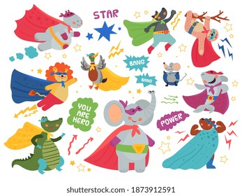 Super Animals Characters. Cute Child Heroes, Superman Mask On Crocodile Lion. Happy Cartoon Shark Wear Cape, Flying Hippo Decent Vector Set