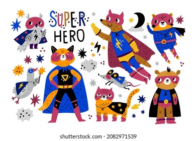 Superanimales. Personajes graciosos infantiles, héroes con brillantes trajes heroicos, gorras y máscaras, trajes cómicos. Cabeza pequeña, búho y ratón, gato y zorro, plano de cartografía vectorial