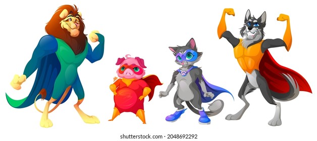 Super animals with mask and cape. Cute characters in hero costume. Vector cartoon set of strong lion, wolf, pig and cat in disguise suit with cloak isolated on white background