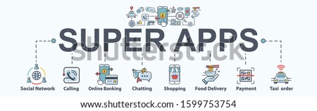 Super apps banner web icon for mobile in futuristic trend, Food delivery, taxi order, Social banking, Social network, chat, calling, shopping online and one stop service. Flat vector infographic.