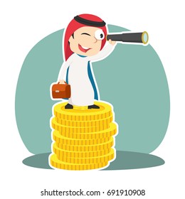 super arabian businessman using binocular on top of coins
