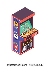 Super arcade video game machine on white background isometric vector illustration