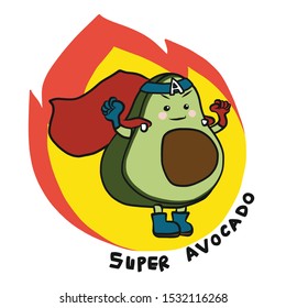 Super avocado hero on fire cartoon logo vector illustration